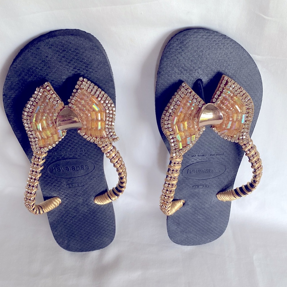 NWOT Original Slim Havaianas Handmade Decorated Bow Black/Gold US 9/10W EU 41-42 - Picture 2 of 7